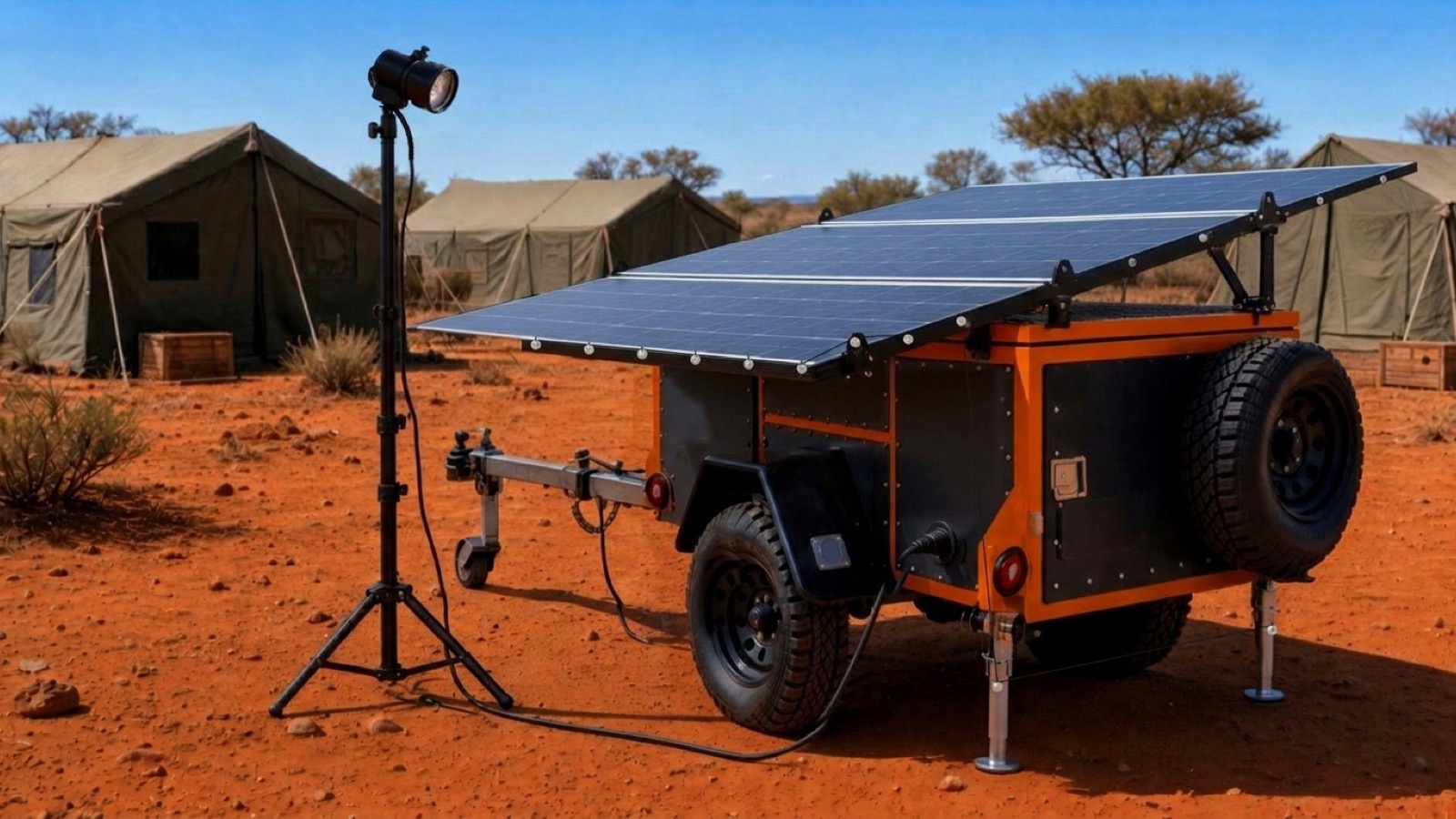 Rollout R-01 with its solar panels unfolded in a bush camp