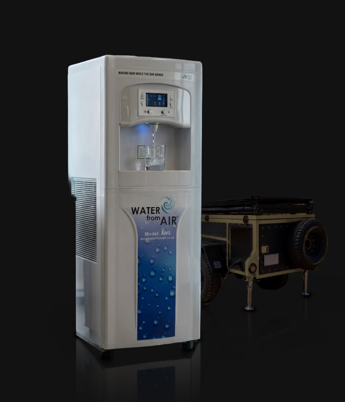 The AW3 water-from-air unit, with the R-H2o trailer behind it
